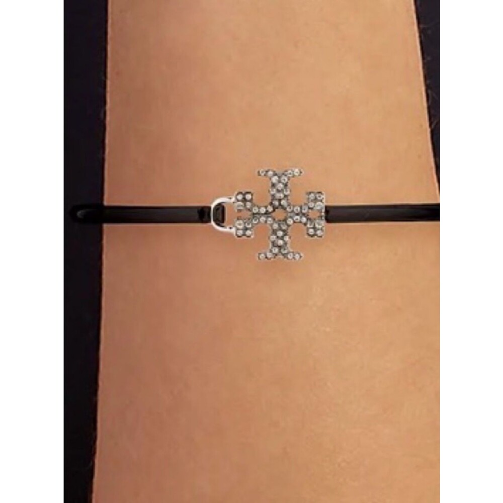 NWT Tory Burch Eleanor Pavé Double T Black Enamel Cuff Bracelet Silver Hook